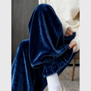 大码蓝色木耳边丝绒裤子女款2025新款冬季宽松慵懒风花边束脚裤