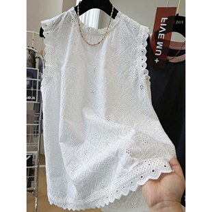 蕾丝衫 坎肩T恤纯棉镂空钩花无袖 百搭小背心女潮 2025夏季 200斤大码