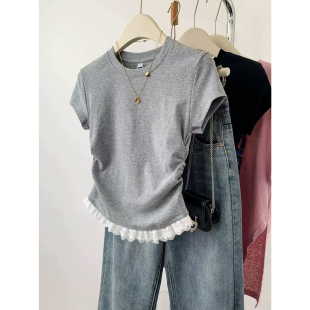 显瘦上衣 T恤女蕾丝拼接设计感小众修身 大码 200斤拼接褶皱正肩短袖