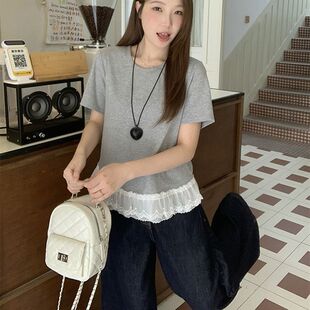 芭蕾风纯欲胖mm正肩T恤显瘦打 上衣女夏新款 200斤大码 蕾丝拼接短袖