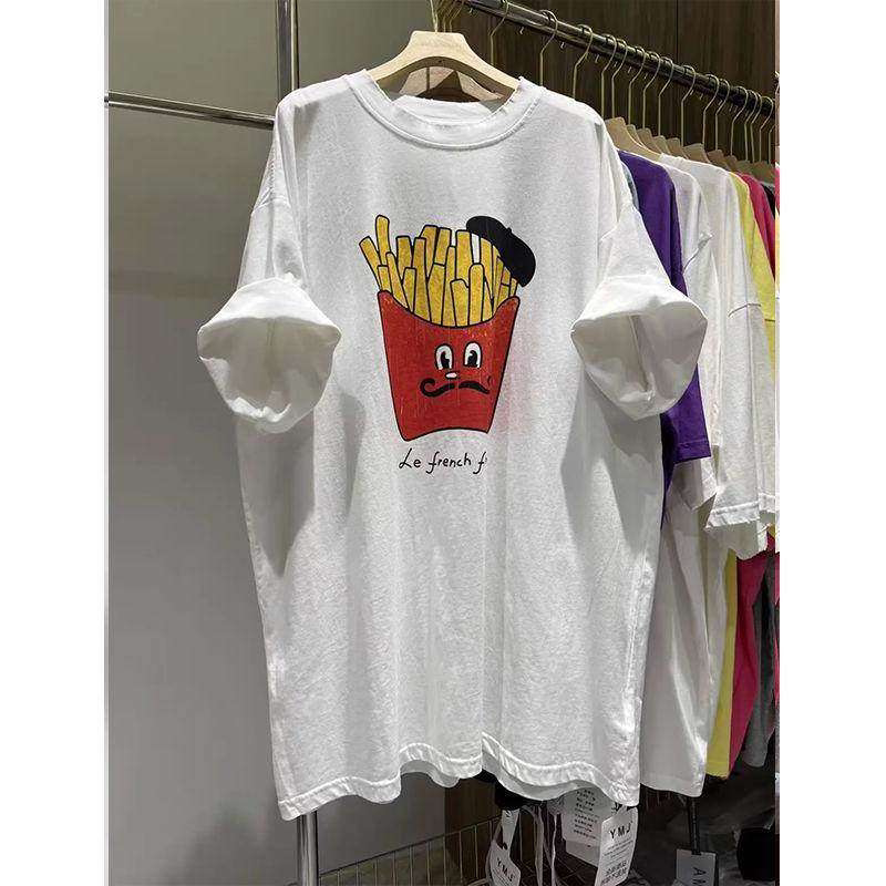 200斤大码2026春夏新款宽松薯条印花短袖T恤男女韩版宽松百搭上衣