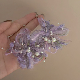 E44韩系毛线珍珠花朵吊坠耳环甜美小清新百搭耳钉时尚 耳饰女 个性