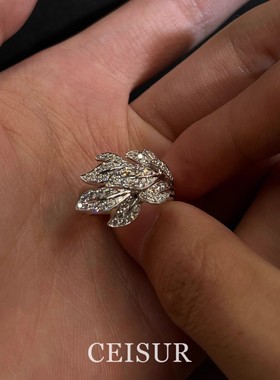 J19开口戒指银叶絮语复古银色闪钻树叶戒指轻奢高级感叠戴指环女