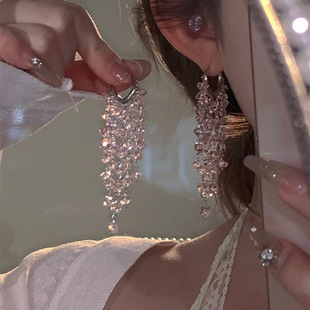 小众高级耳饰品 E34少女甜美温柔显白粉色水晶流苏耳环精致个性