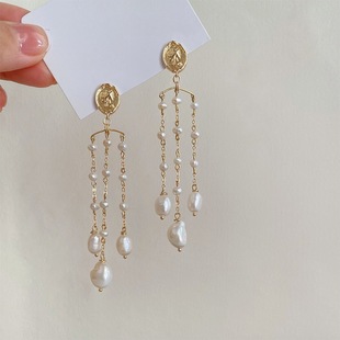 Z18原创手工超仙气质时尚 流苏精致耳钉一件代发 巴洛克珍珠长款
