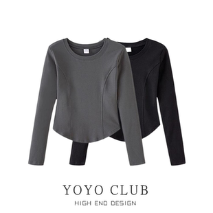 设计感鱼骨线不规则短款 t恤女春季 上衣 正肩长袖 品牌折扣捡漏大码