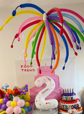 多巴胺生日装饰场景布置彩色长条烟花气球儿童周岁派对拍照背景墙