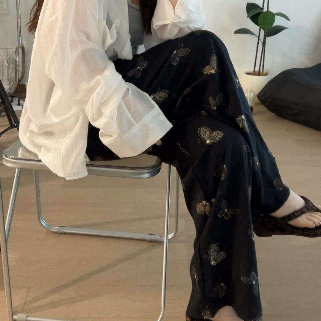 蝴蝶遛弯裤黑色棉绸裤子凉凉裤阔腿裤子绵绸慵懒风防蚊裤宽松舒适
