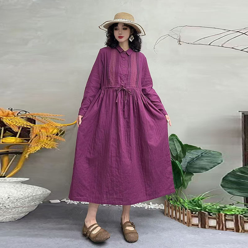 2026春季复古文艺棉麻衬衫领收腰系带显瘦长袖连衣裙纯色A字长裙