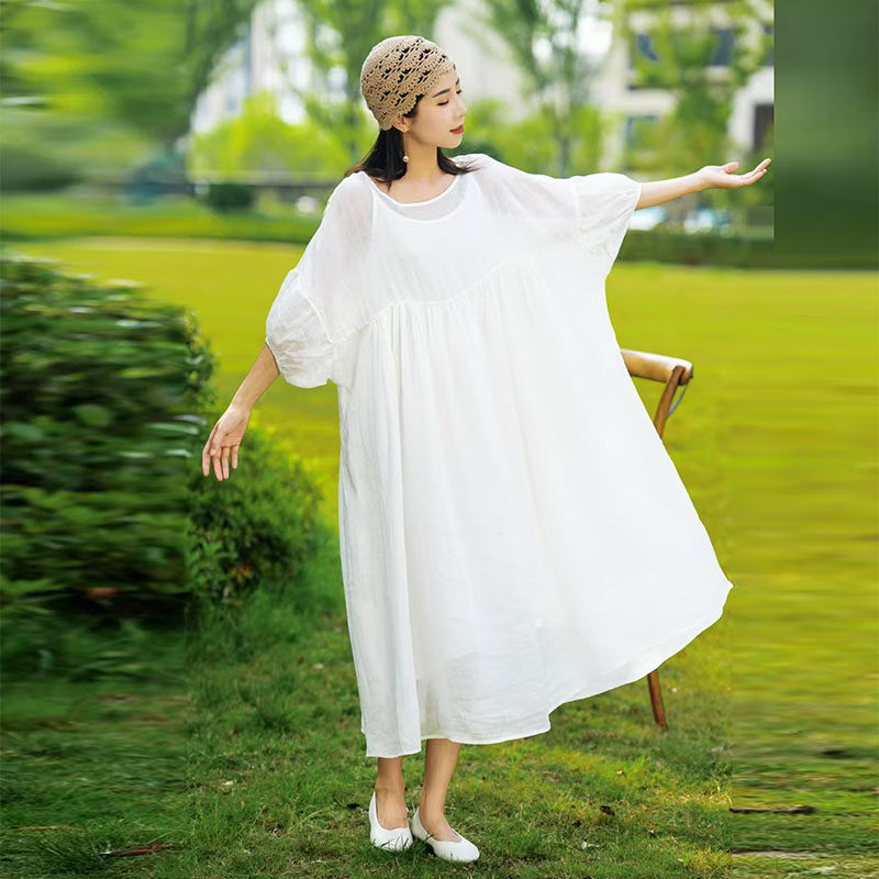 2026夏文艺风高端大气纯苎麻连衣裙慵懒风海边度假大摆长裙两件套