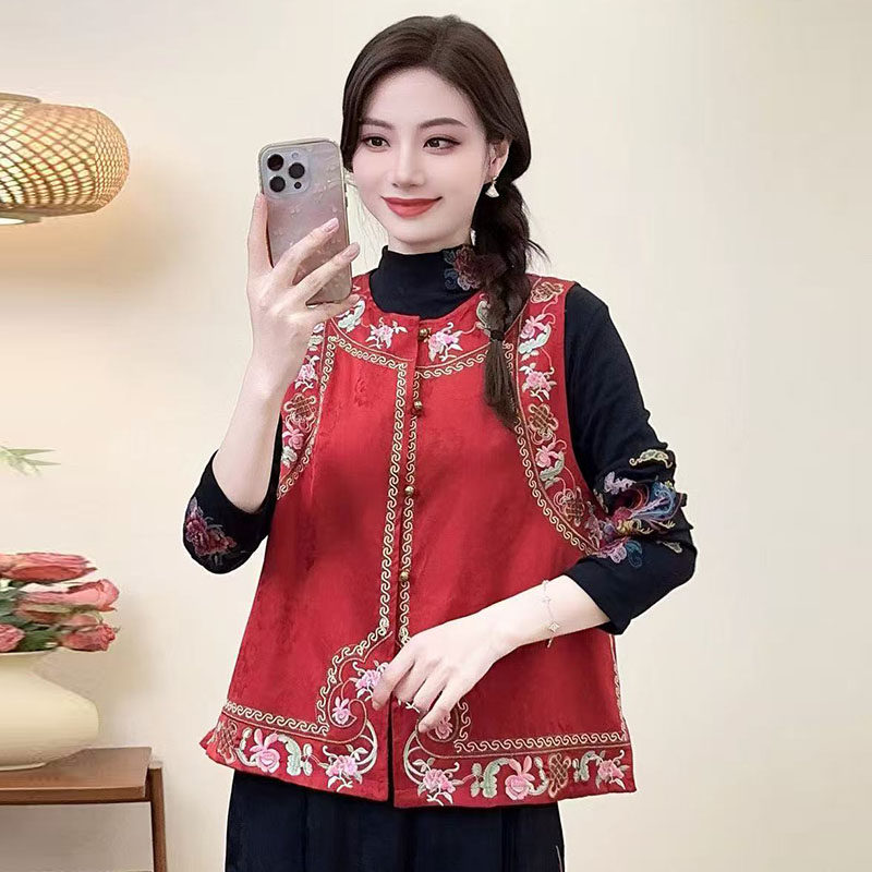 2026春季新款国风复古缎面提花刺绣马甲对襟无袖圆领百搭时尚坎肩