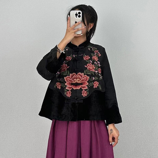 炫织梦春秋新款民族风天丝亚麻上衣立领盘扣重工刺绣复古中式外套