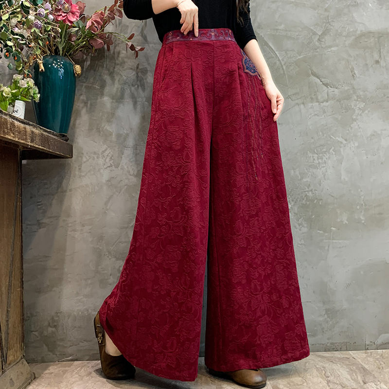 半松紧腰复古文艺长裤刺绣裙裤
