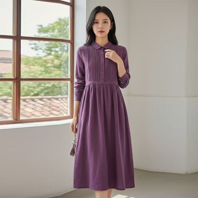 2026春秋复古文艺棉麻衬衫领收腰系带显瘦长袖连衣裙纯色A字长裙