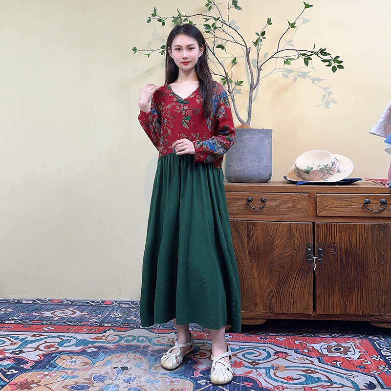 复古文艺民族风印花拼接设计感棉麻连衣裙民族风女装春夏季亚麻裙