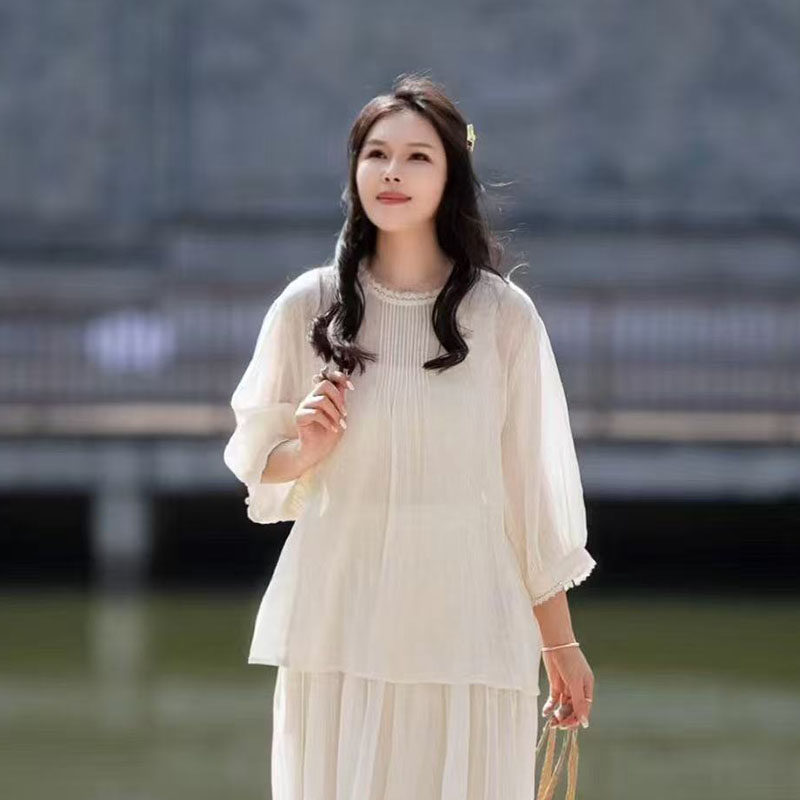 2026夏纯色苎麻女款衬衫风琴褶皱花边设计娃娃衫套头小衫短款上衣