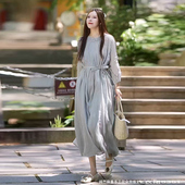 夏季 纯苎麻时尚 气质连衣裙度假风琴压褶V领手工盘花双层腰带长裙