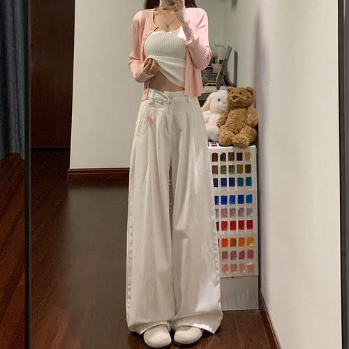 白色亚麻阔腿裤女春夏薄款