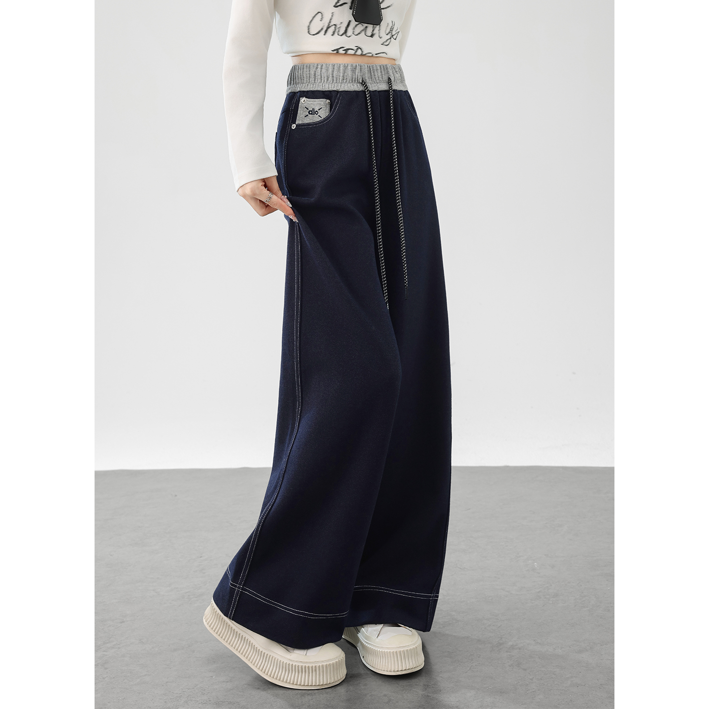 新款高腰显瘦休闲复古阔腿裤子