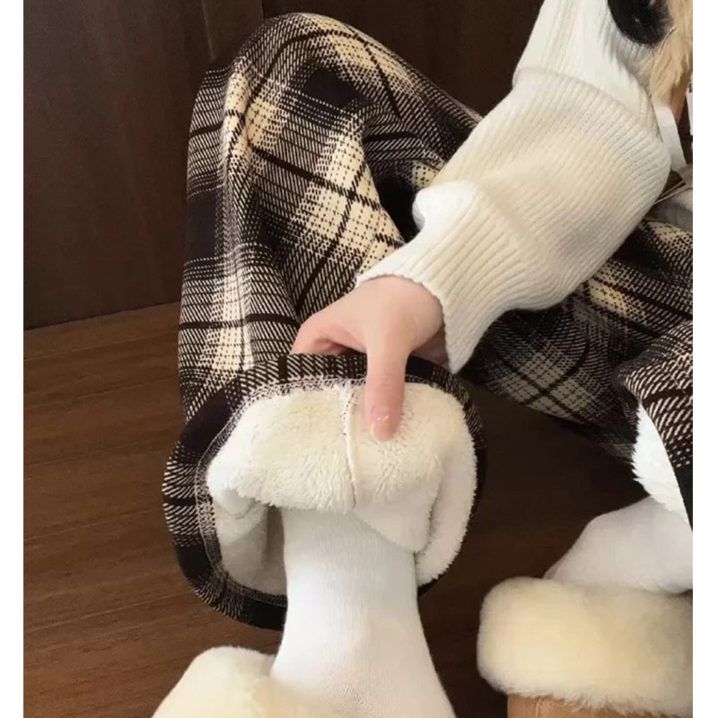 咖色毛呢直筒慵懒复古垂感格子裤