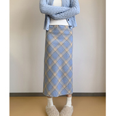 复古毛呢格子半身裙女高腰显瘦开叉直筒秋冬季 加厚加绒包臀长裙子