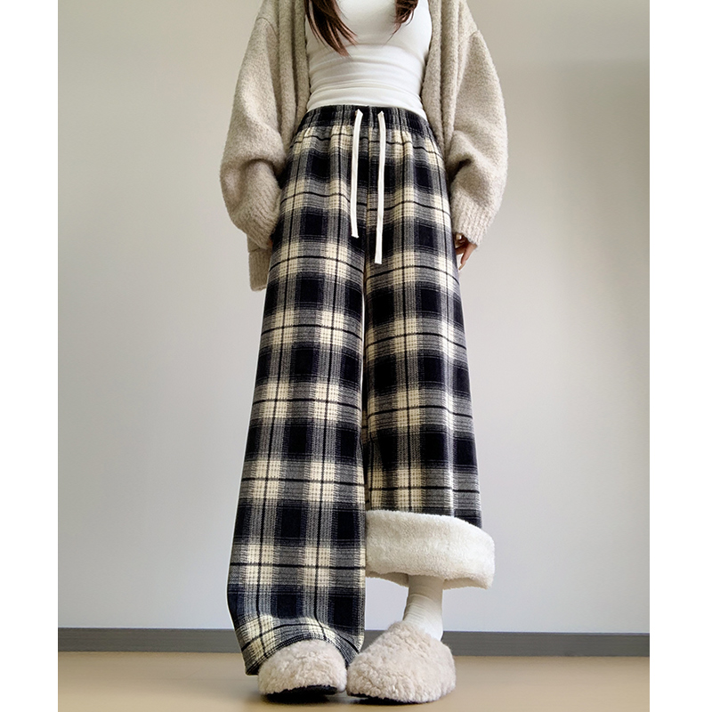 咖色毛呢直筒慵懒复古垂感格子裤