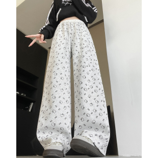 高腰垂感碎花休闲直筒裤 2025款 女春秋季 白灰色韩系可爱印花阔腿裤