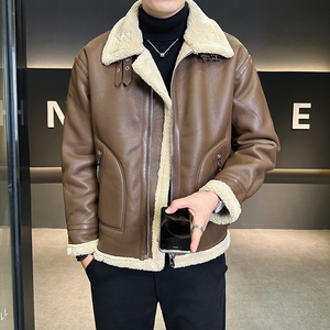 皮毛一体外套男冬季加绒加厚男士机车皮夹克9233-P210图片