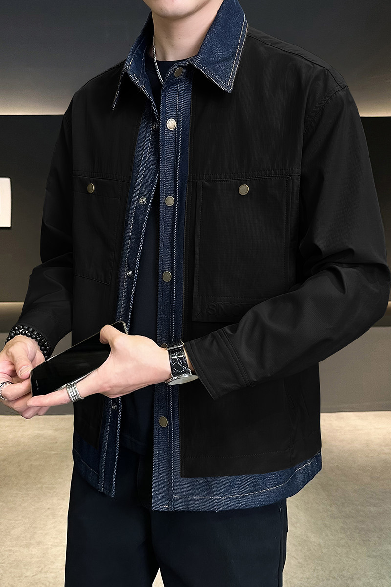 牛仔拼接假两件翻领夹克男潮牌设计感百搭外套JK2290-P110,男装夹克,电商D236（原A051）
