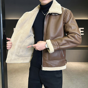 皮毛一体外套男冬季加绒加厚男士机车皮夹克9233-P210图片