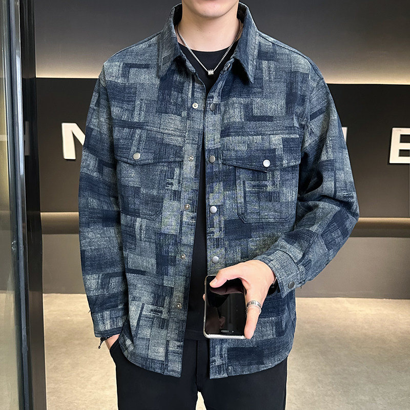 拔印格纹牛仔外套翻领复古休闲衬衣迷彩夹克男JK2289-P95,男装工装外套,电商D236（原A051）