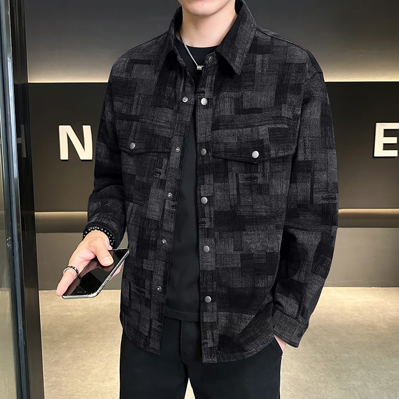 拔印格纹牛仔外套翻领复古休闲衬衣迷彩夹克男JK2289-P95，男装工装外套，电商D236（原A051）