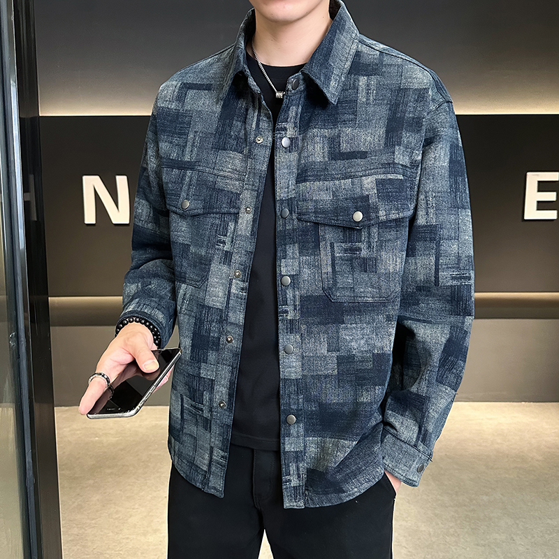 拔印格纹牛仔外套翻领复古休闲衬衣迷彩夹克男JK2289-P95，男装工装外套，电商D236（原A051）