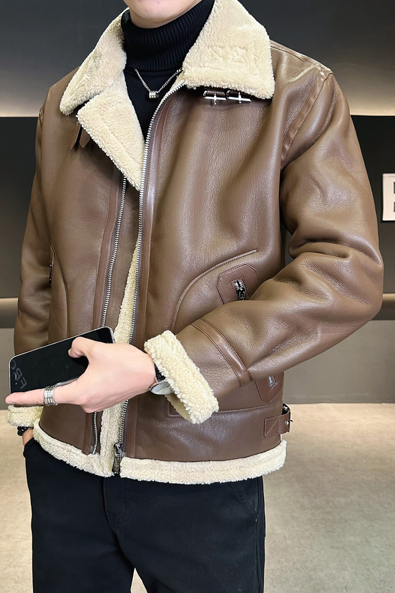 皮毛一体外套男冬季加绒加厚男士机车皮夹克9233-P210,男装夹克,电商D236（原A051）