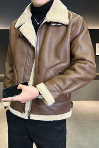 皮毛一体外套男冬季加绒加厚男士机车皮夹克9233-P210图片