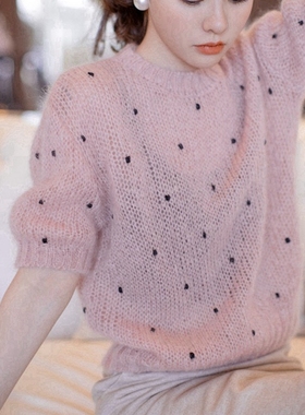 马海毛毛衣女薄镂空海马毛针织衫爆短袖短款上衣辣妹2025新款秋季