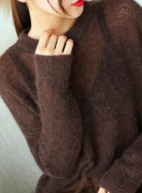 马海毛针织衫镂空薄款海马毛衣女外套头慵懒风今年流行的爆款精致