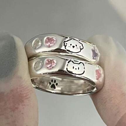 J618新款小狗小猫戒指女微镶爱心猫爪甜美可爱百搭树脂戒送闺蜜M