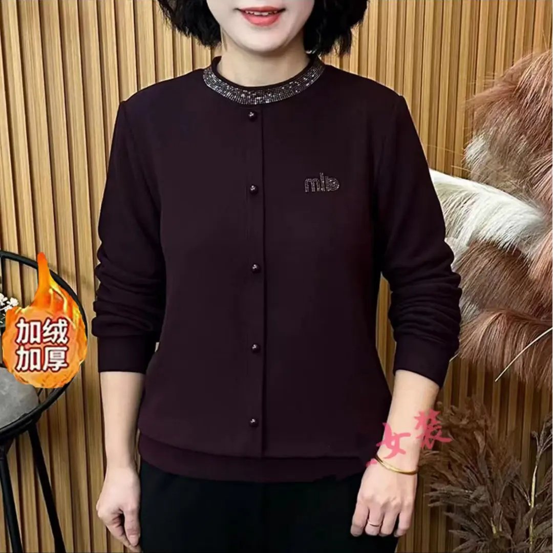加绒加厚】妈妈装卫衣时尚烫钻女装宽松冬装冬款内搭休闲长袖打底