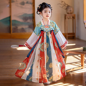 汉服女童春秋新款原创唐装刺绣襦裙女孩幼儿园演出超仙连衣裙