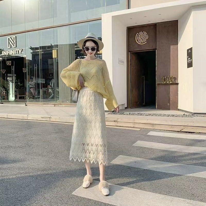 小清新镂空水溶蕾丝半身裙秋冬时尚百搭高腰中长裙