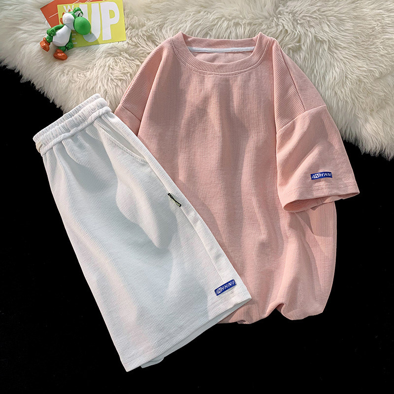 초대형 사이즈 300파운드 와플 반팔 티셔츠 여성용 반바지 정장 여름 소금 스타일 스트리트 캐주얼 스포츠 투피스 세트