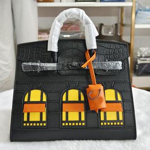 新款铂金包小房子包鳄鱼纹外缝手掌纹拼色20CM牛皮手提女包凯莉