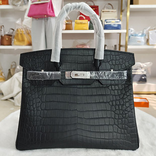 鳄鱼皮铂金包 牛皮鳄鱼纹高端光面方块真皮手提女包凯莉包25 30CM