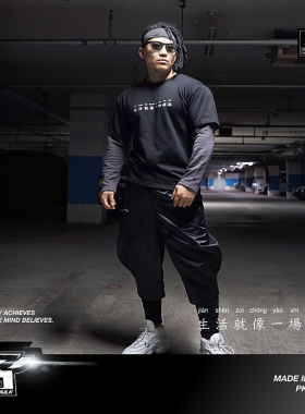 PK健身潮牌原创秋冬美式复古自嘲假两件长袖T恤加厚运动宽松纯棉