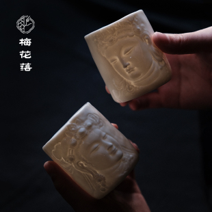 梅花落敦煌主人杯禅意烛台文殊普贤菩萨白瓷杯雕刻文创刘峥安手作