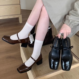 搭裙子JK小皮鞋 森女粗跟浅口一字扣通勤单鞋 复古方头玛丽珍鞋 法式