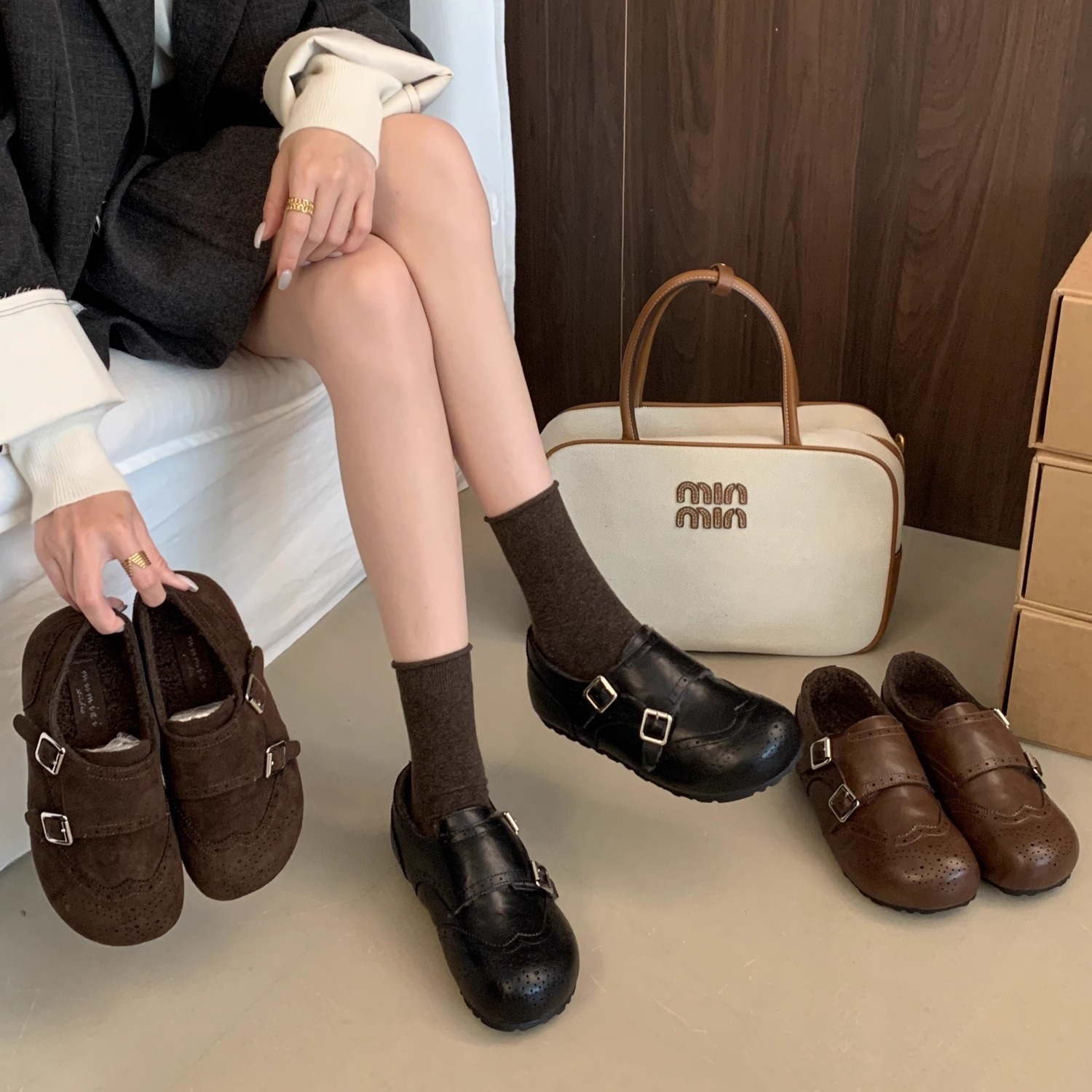 加绒保暖勃肯棉鞋韩版布洛克风