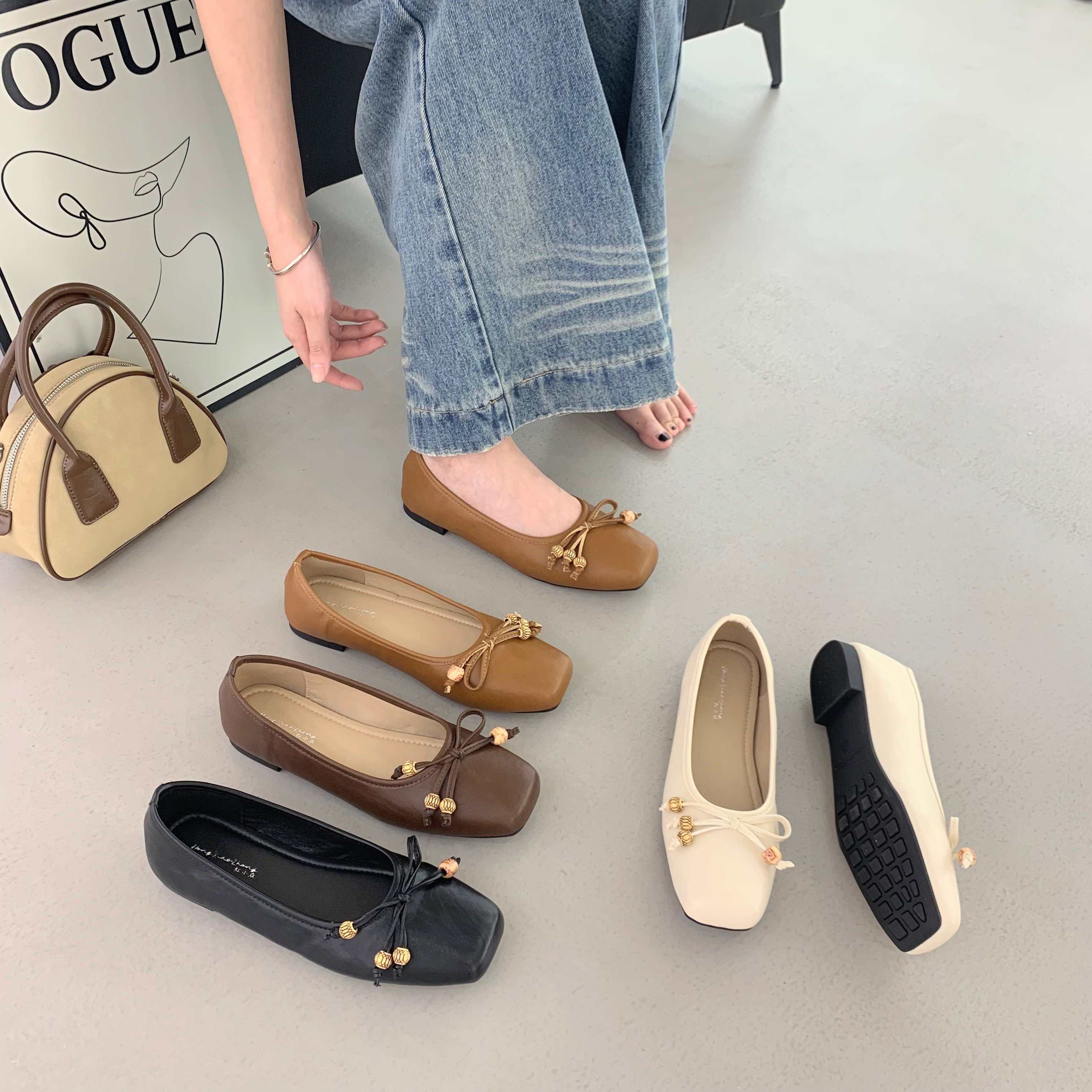 法式方头芭蕾舞鞋女平底蝴蝶结浅口一脚蹬奶奶鞋温柔百搭裙子单鞋,女鞋,时尚芭蕾鞋,淘宝优惠券,粉丝福利购,淘宝优惠卷