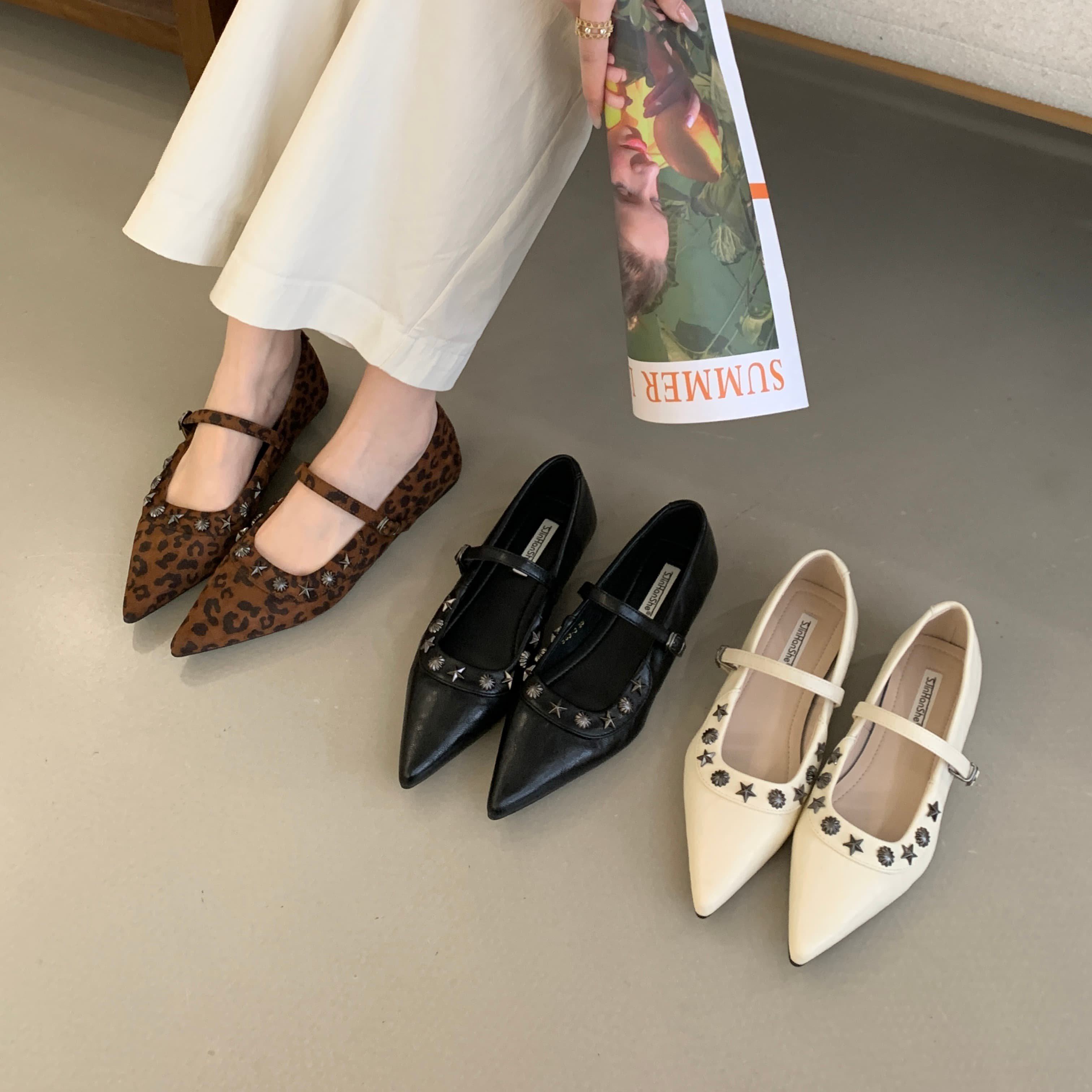 法式复古风豹纹铆钉尖头玛丽珍鞋女平跟浅口单鞋百搭通勤软底工鞋,女鞋,浅口单鞋,淘宝优惠券,粉丝福利购,淘宝优惠卷